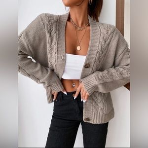 NWT Naggoo cable knit cardigan sweater in a purplish gray, Sz. XL.